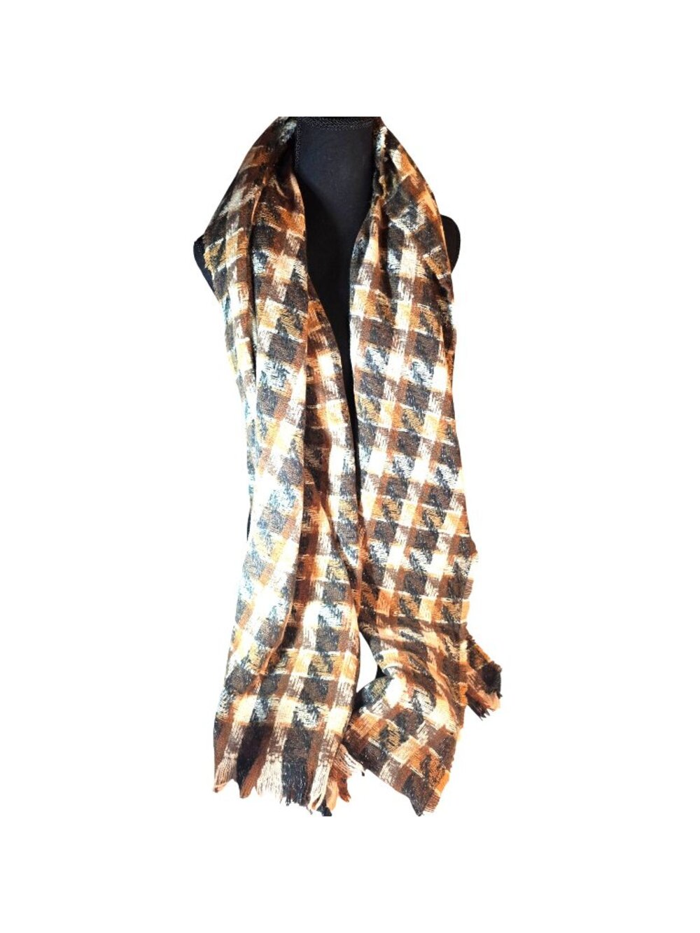 Plaid Scarf Fringe Brown Cream Warm Fall Winter Neutral Outerwear Academia